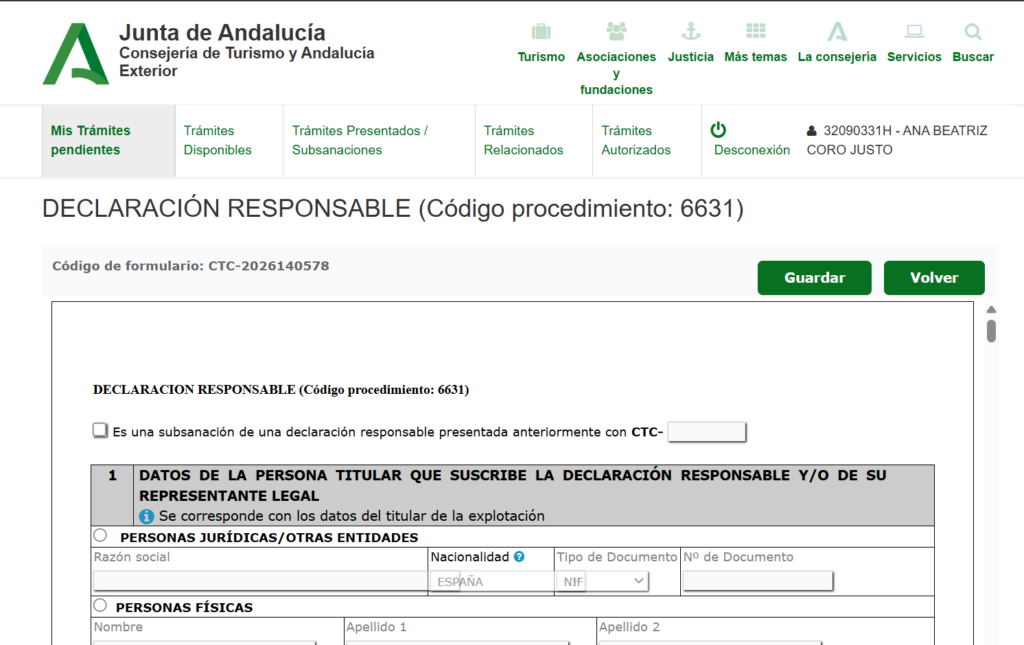 Formulario de declaración responsable para el Registro de Turismo de Andalucía